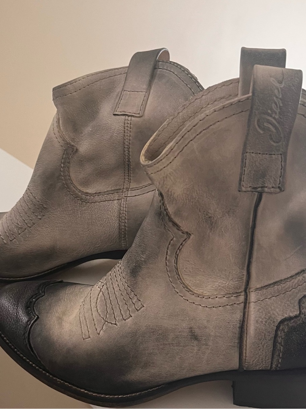 Diesel Gray Leather Western Ankle Boots with Subtle Distressing